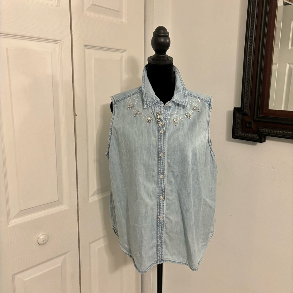 Chico's Button Front Chambray Crystal-Studded Sle… - image 1